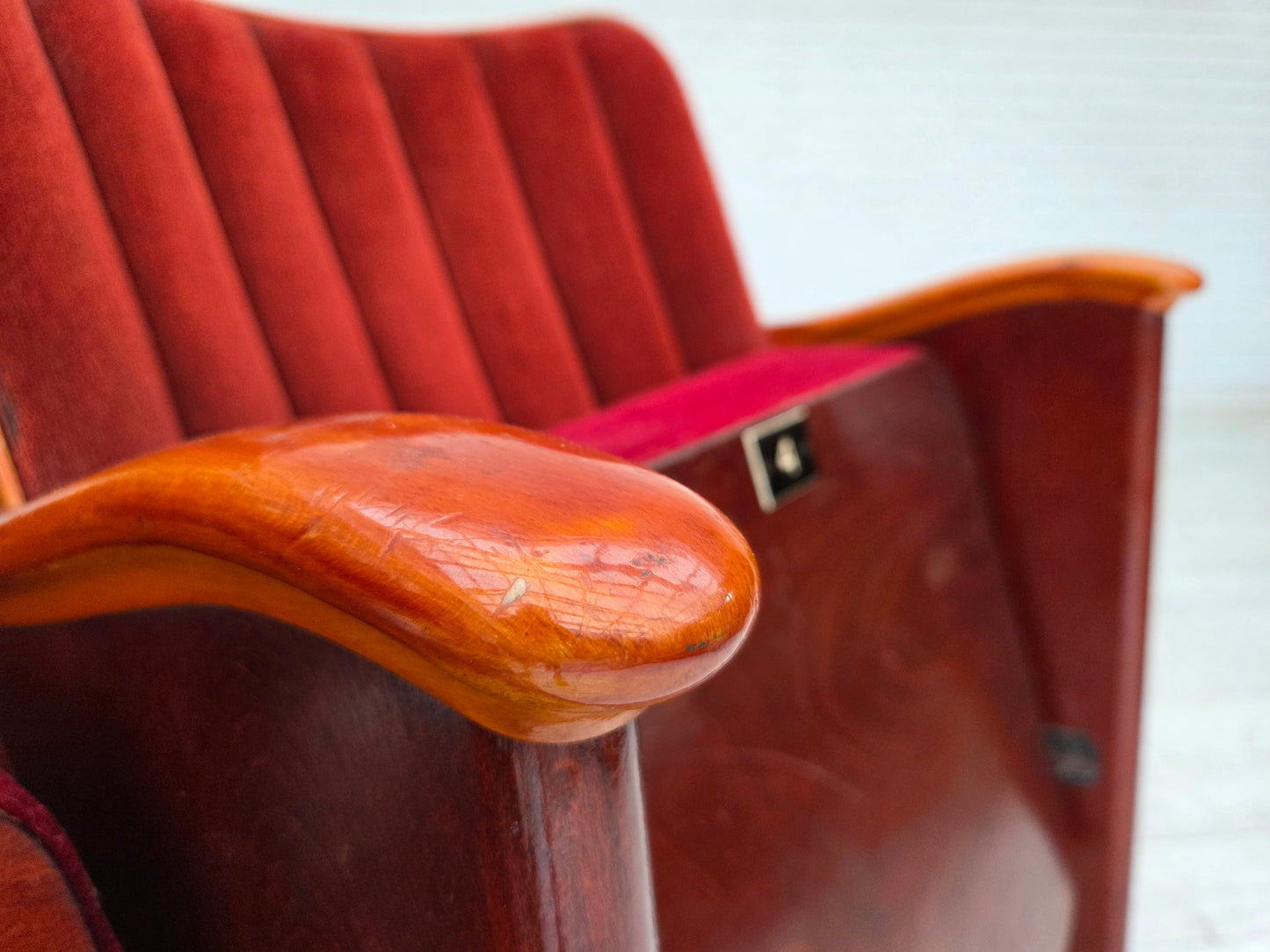 1950s, Danish cinema/theater armchairs, furniture velour, original condition.