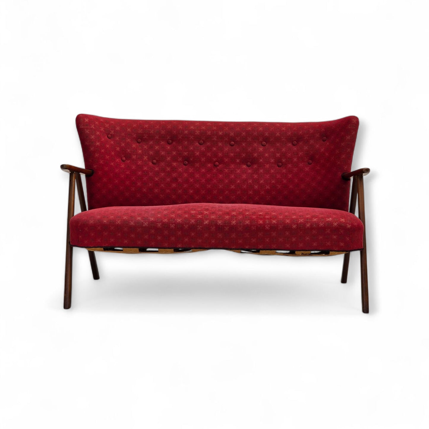 1960s, Danish 2-seater sofa, red furniture fabric, beech wood legs and armrests.