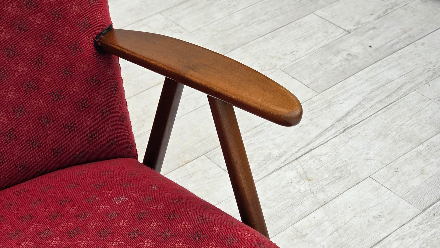 1960s, Danish 2-seater sofa, red furniture fabric, beech wood legs and armrests.