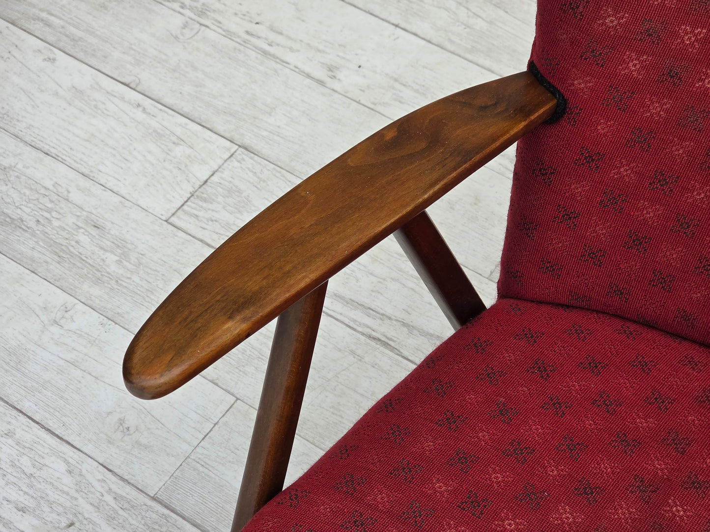 1960s, Danish 2-seater sofa, red furniture fabric, beech wood legs and armrests.