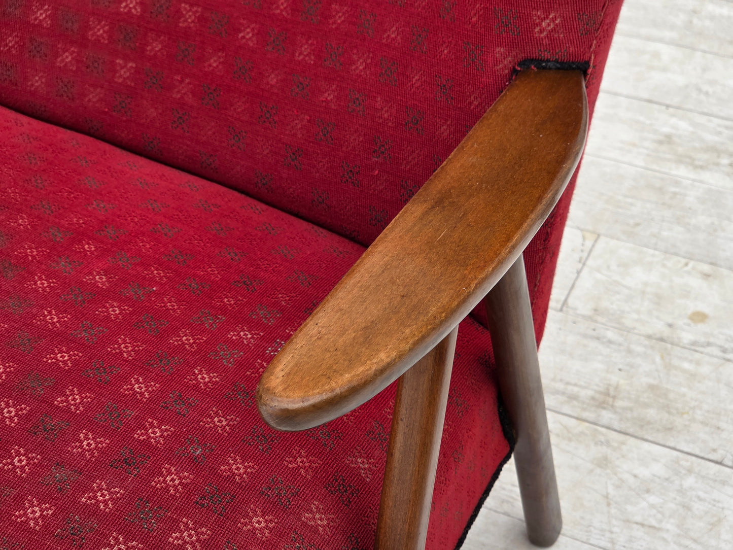 1960s, Danish 2-seater sofa, red furniture fabric, beech wood legs and armrests.