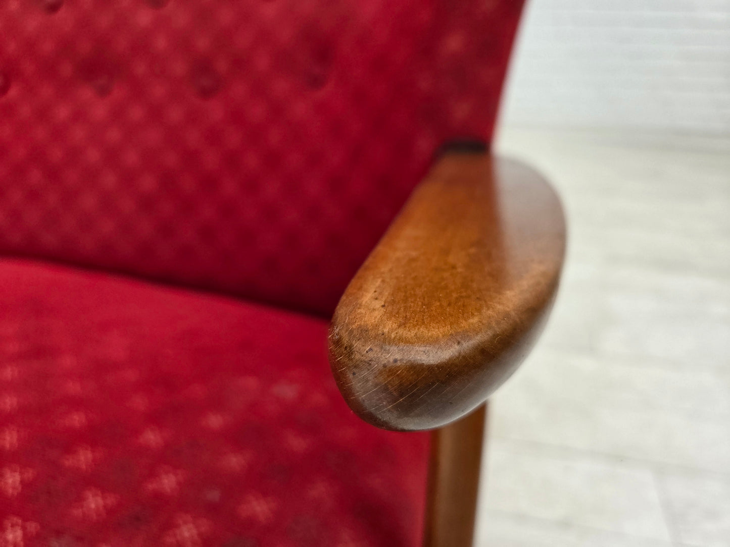 1960s, Danish 2-seater sofa, red furniture fabric, beech wood legs and armrests.