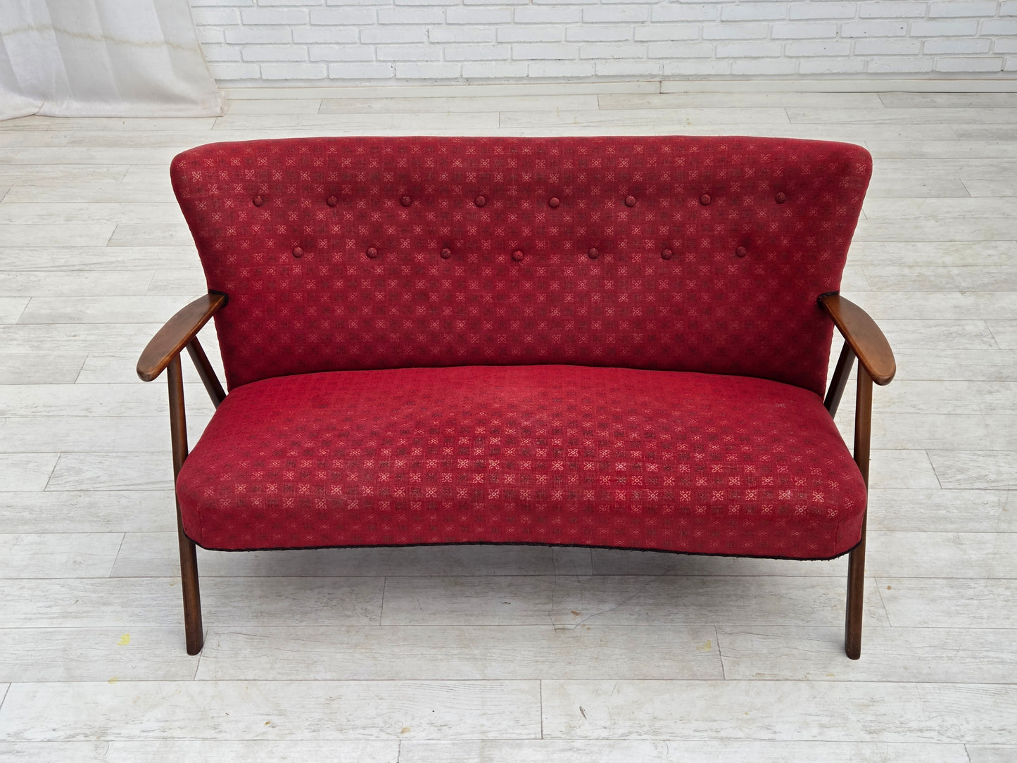 1960s, Danish 2-seater sofa, red furniture fabric, beech wood legs and armrests.