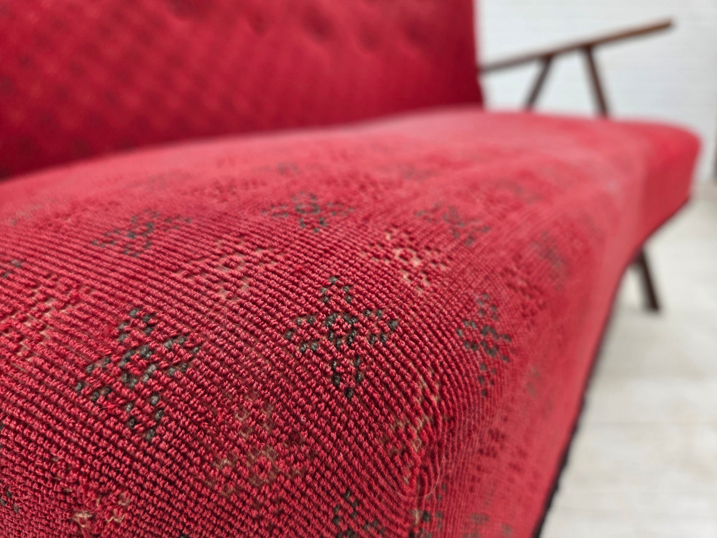 1960s, Danish 2-seater sofa, red furniture fabric, beech wood legs and armrests.
