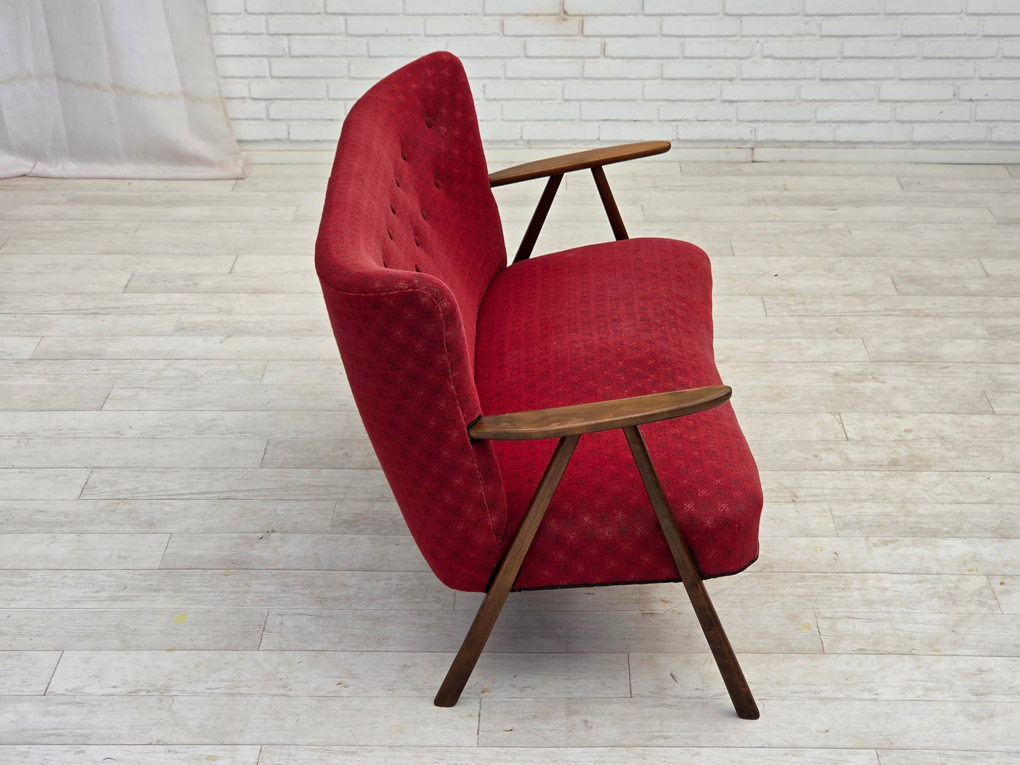 1960s, Danish 2-seater sofa, red furniture fabric, beech wood legs and armrests.