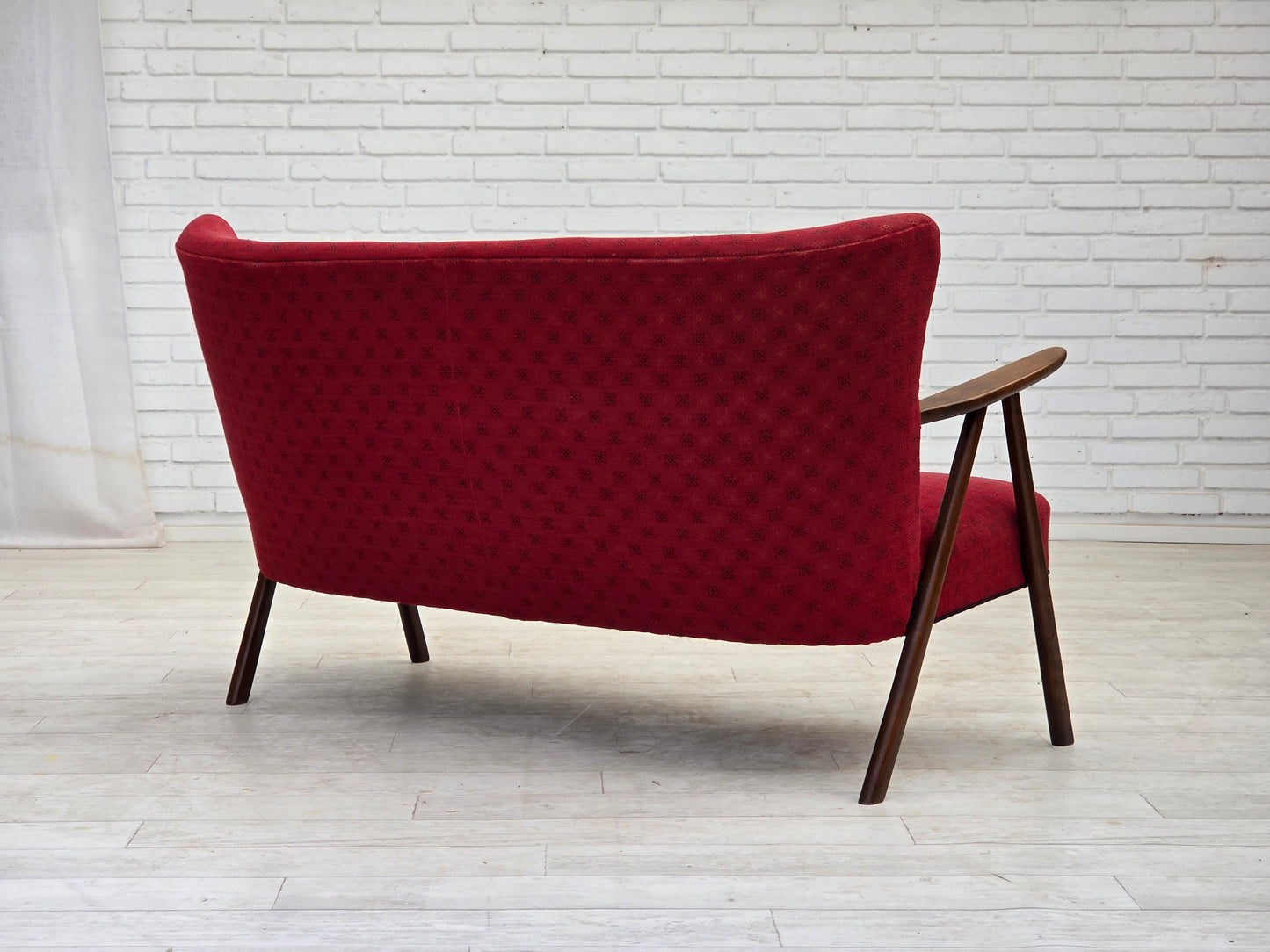 1960s, Danish 2-seater sofa, red furniture fabric, beech wood legs and armrests.