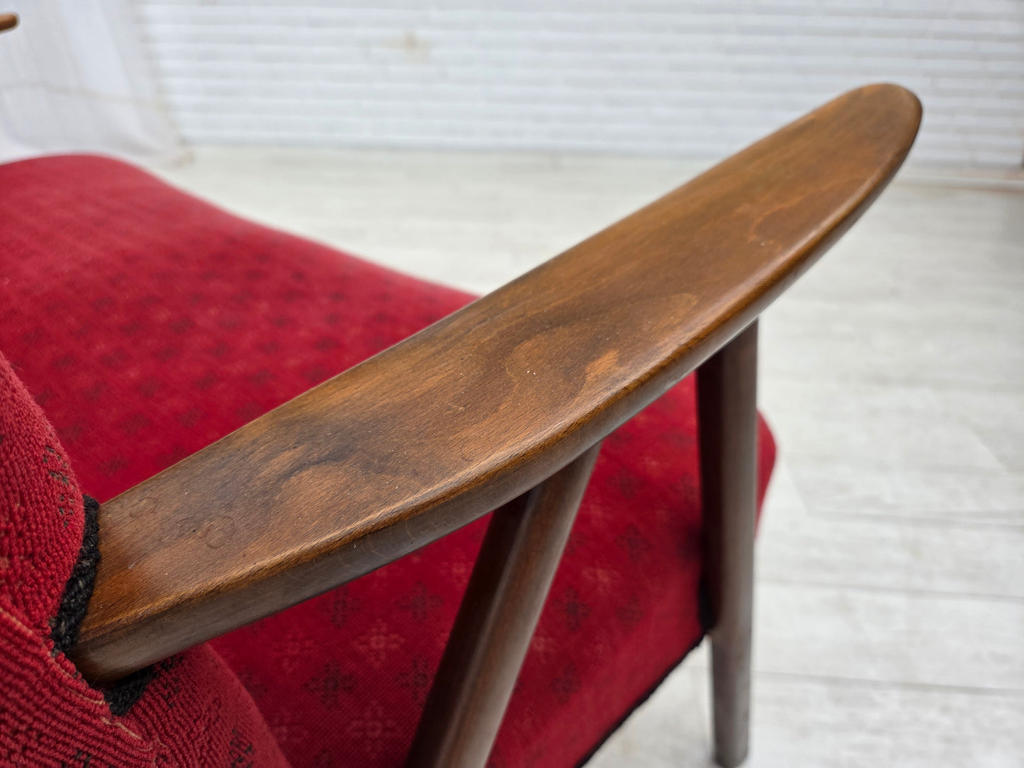 1960s, Danish 2-seater sofa, red furniture fabric, beech wood legs and armrests.