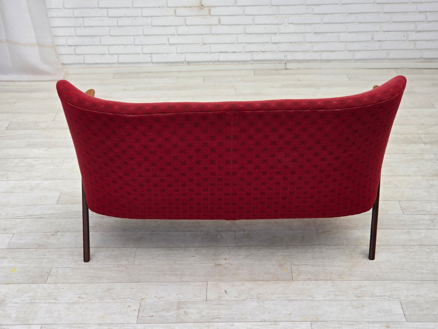 1960s, Danish 2-seater sofa, red furniture fabric, beech wood legs and armrests.