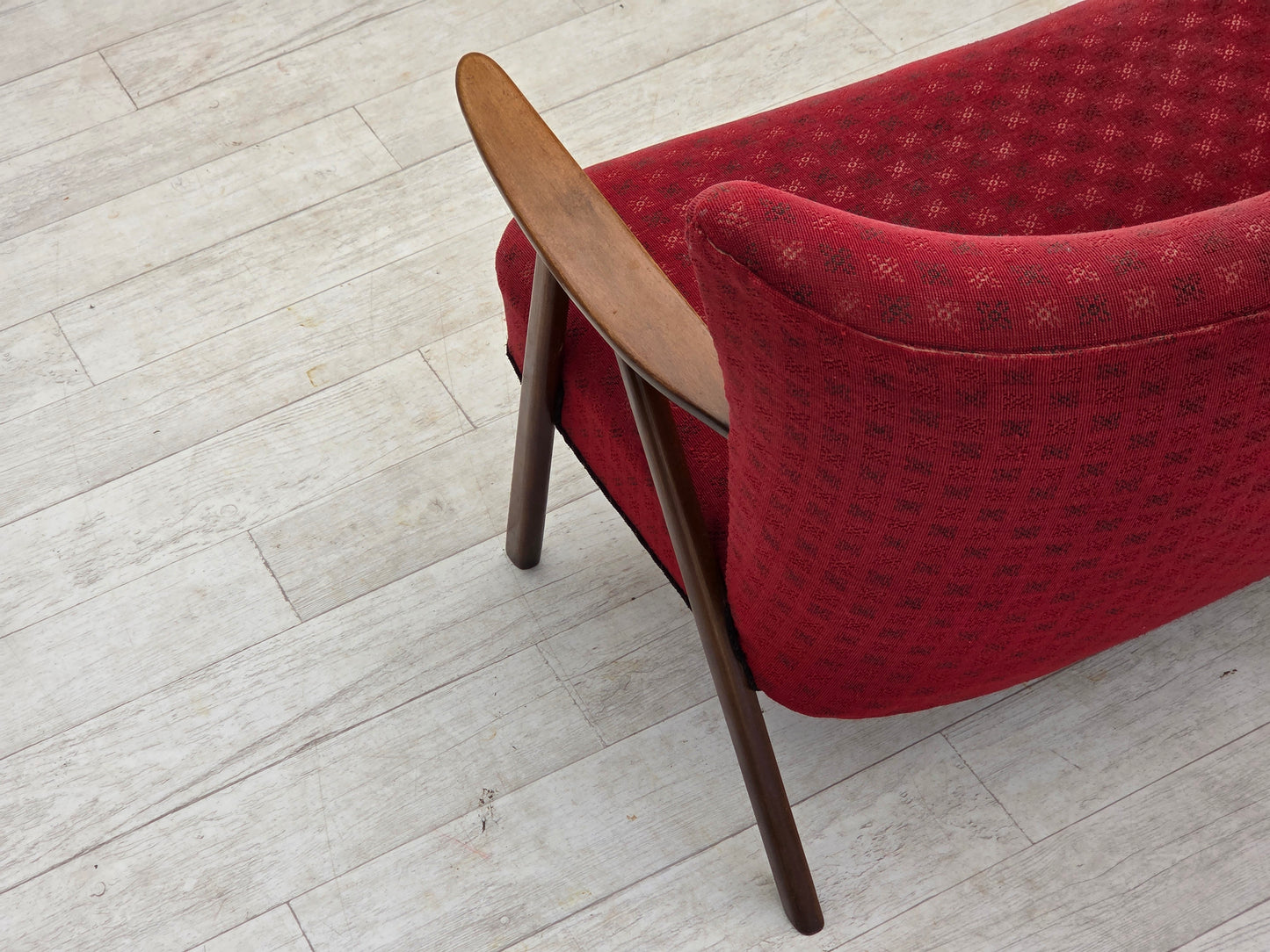 1960s, Danish 2-seater sofa, red furniture fabric, beech wood legs and armrests.