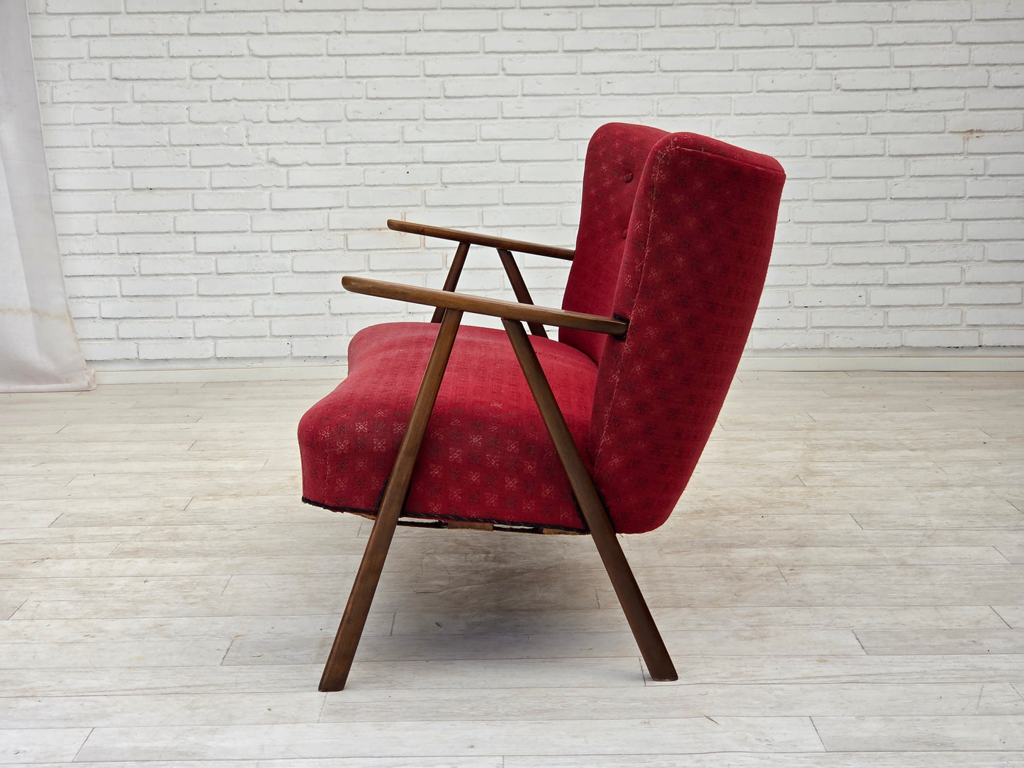 1960s, Danish 2-seater sofa, red furniture fabric, beech wood legs and armrests.