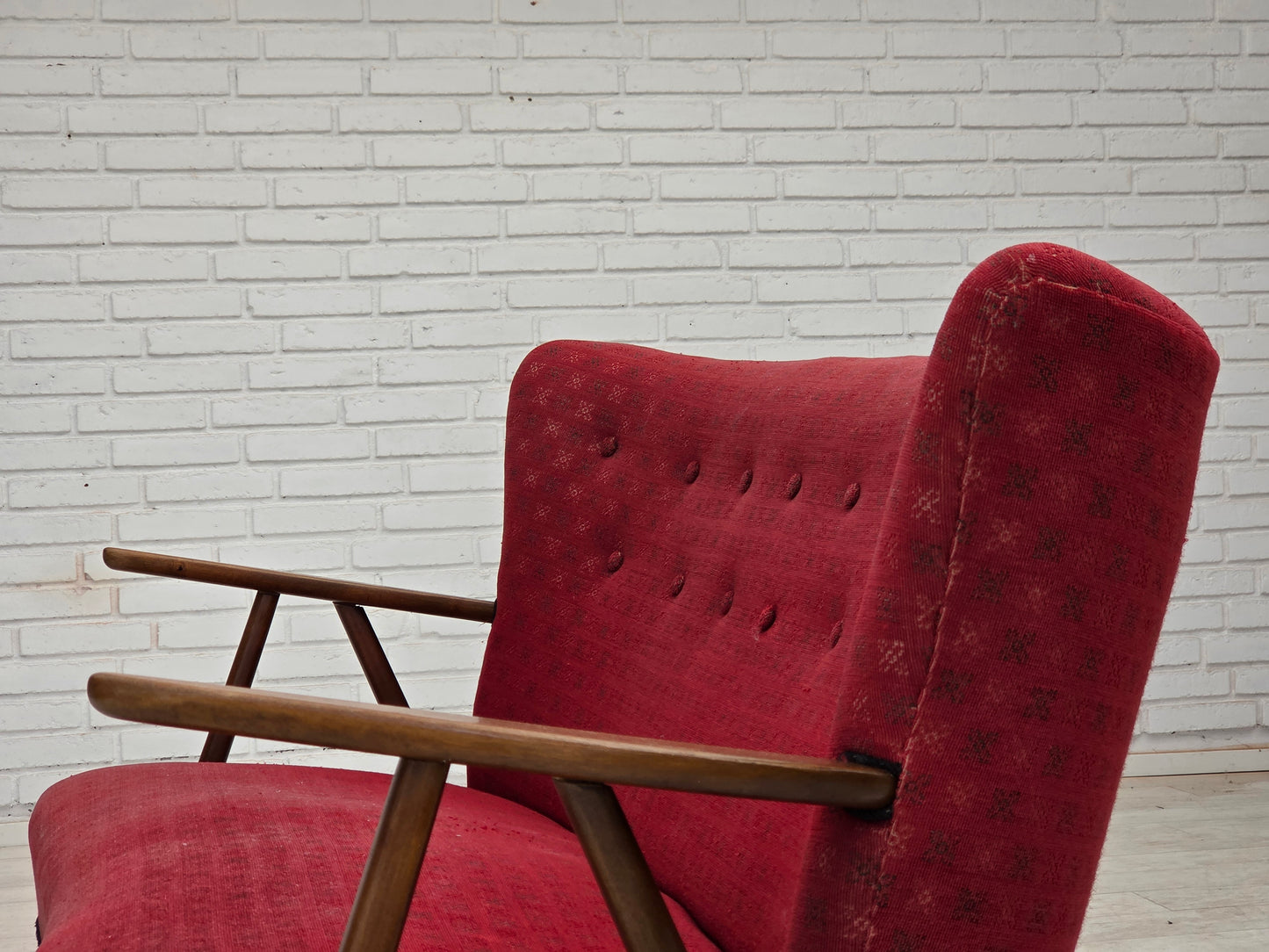 1960s, Danish 2-seater sofa, red furniture fabric, beech wood legs and armrests.