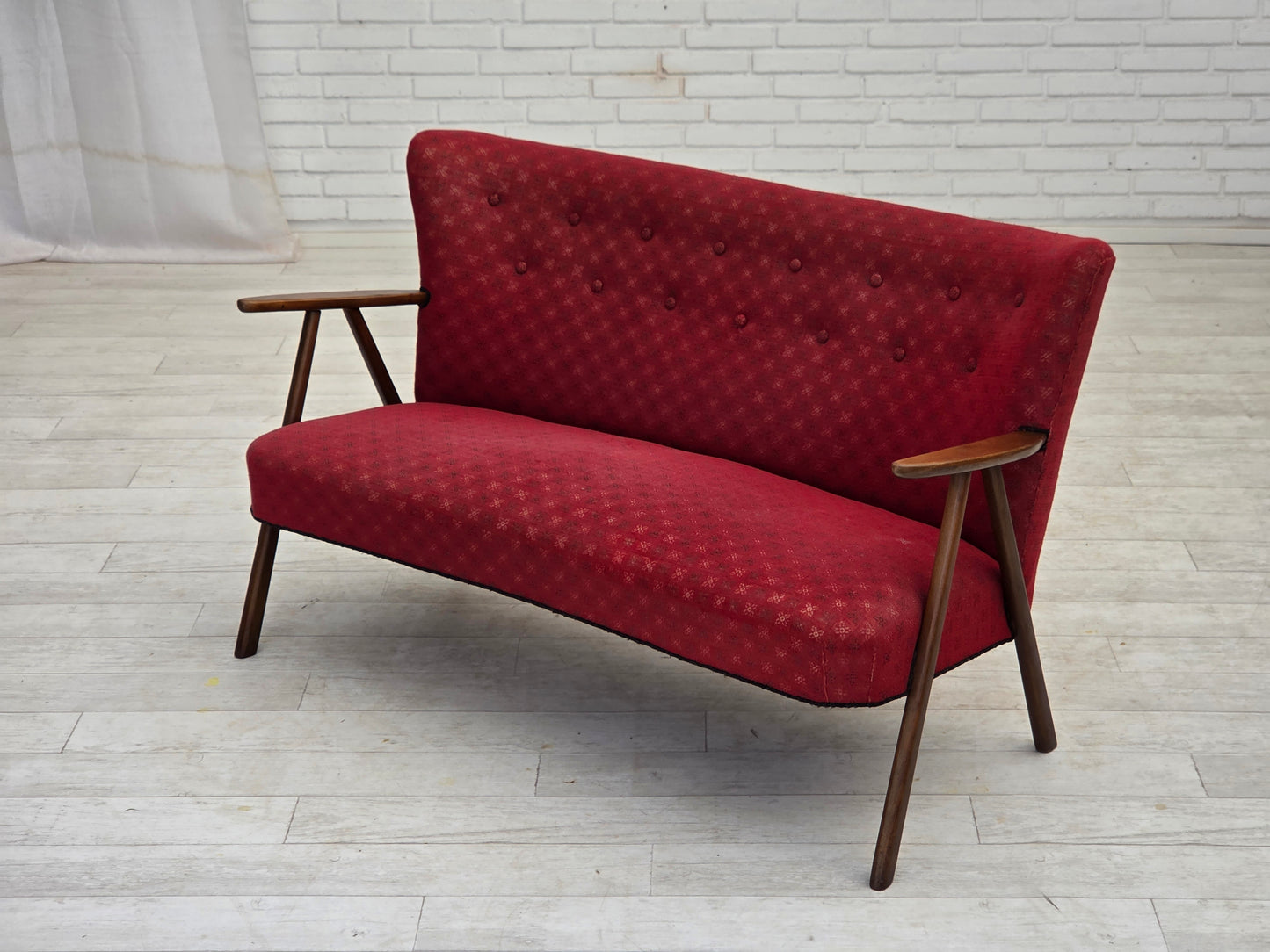 1960s, Danish 2-seater sofa, red furniture fabric, beech wood legs and armrests.