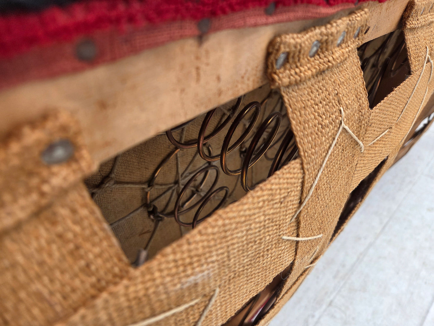 1960s, Danish 2-seater sofa, red furniture fabric, beech wood legs and armrests.