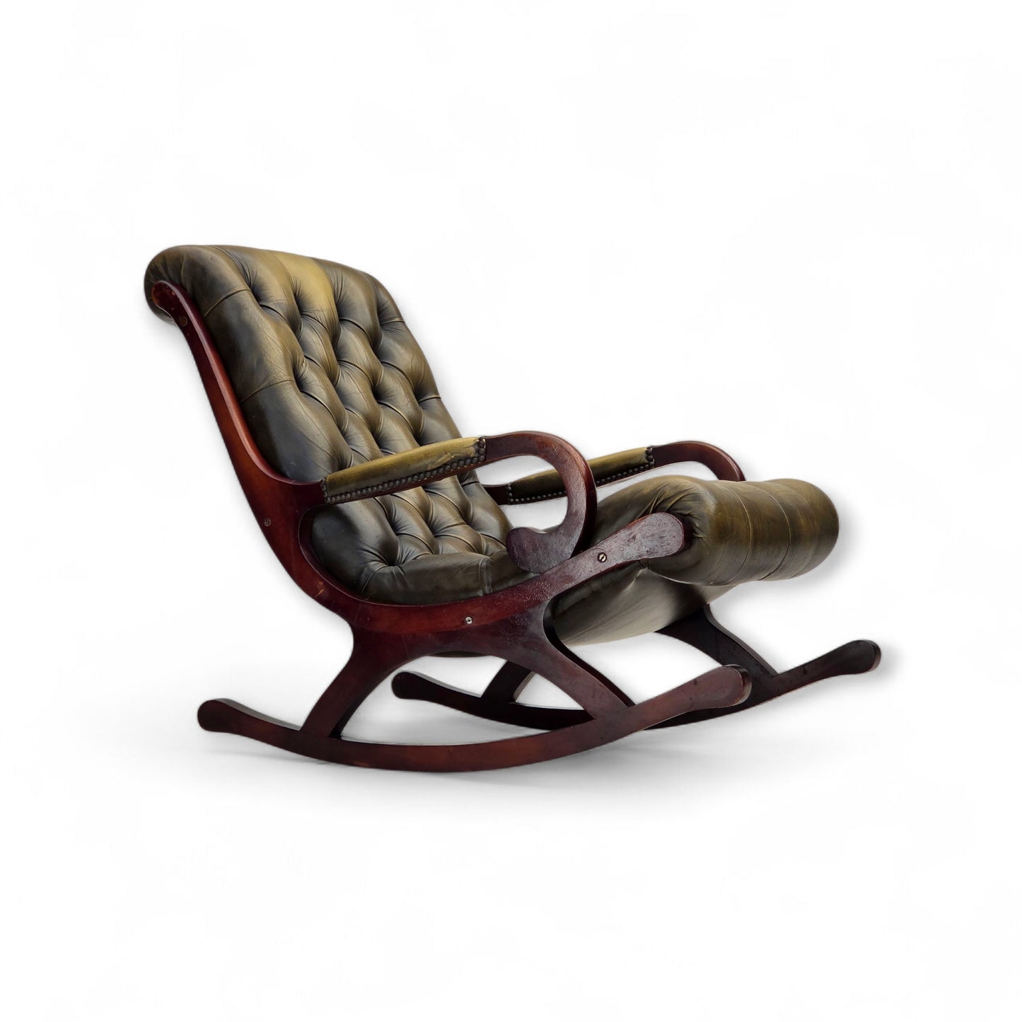 1950s, Chesterfield rocking chair, original green furniture leather, teak wood.