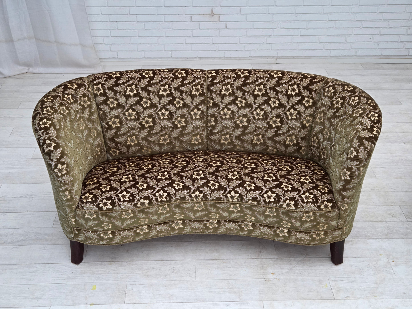 1960s, Danish curved 2-seater sofa, green furniture velour, beech wood.