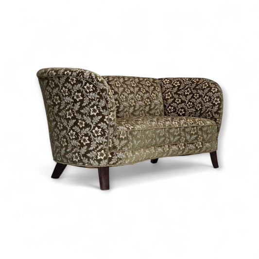1960s, Danish curved 2-seater sofa, green furniture velour, beech wood.