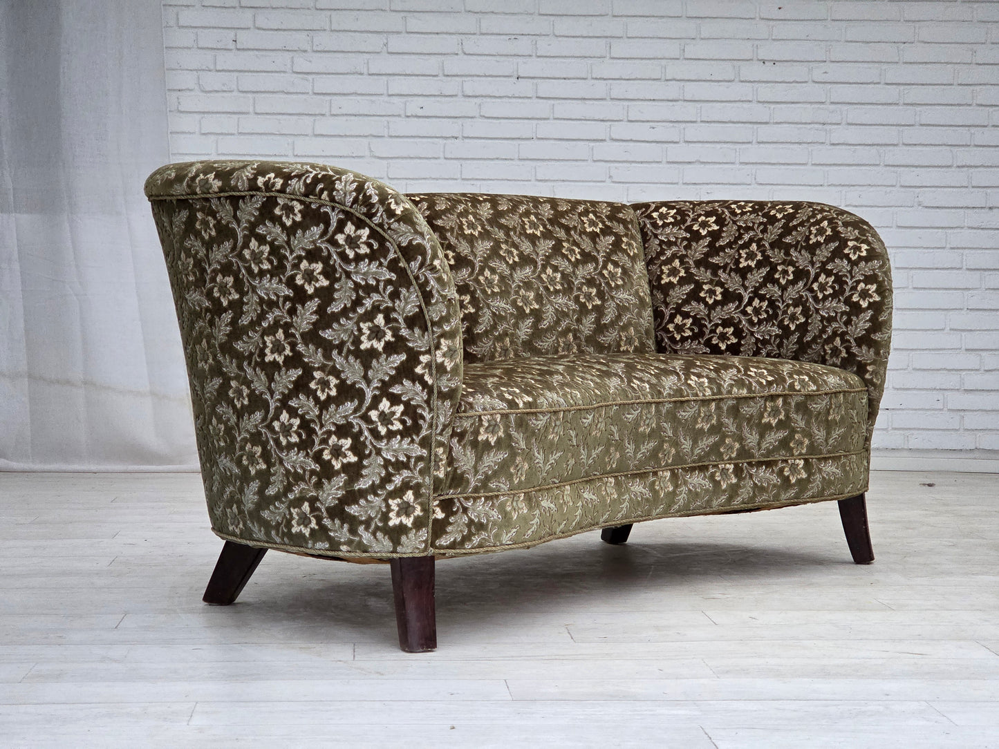 1960s, Danish curved 2-seater sofa, green furniture velour, beech wood.