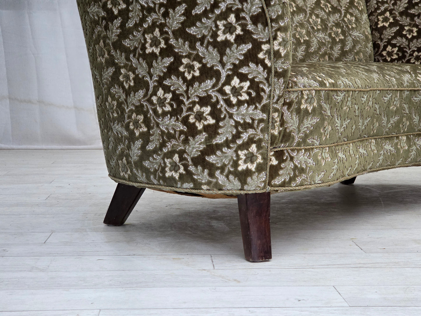 1960s, Danish curved 2-seater sofa, green furniture velour, beech wood.