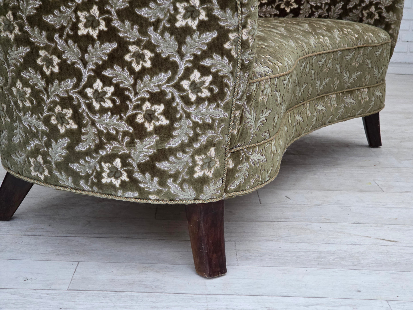 1960s, Danish curved 2-seater sofa, green furniture velour, beech wood.