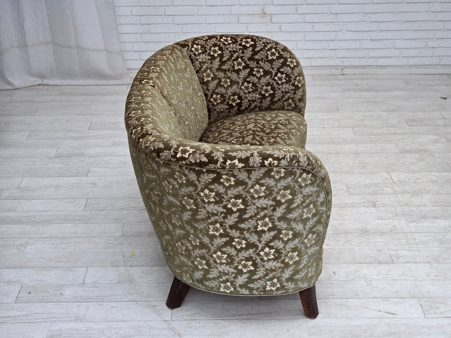 1960s, Danish curved 2-seater sofa, green furniture velour, beech wood.