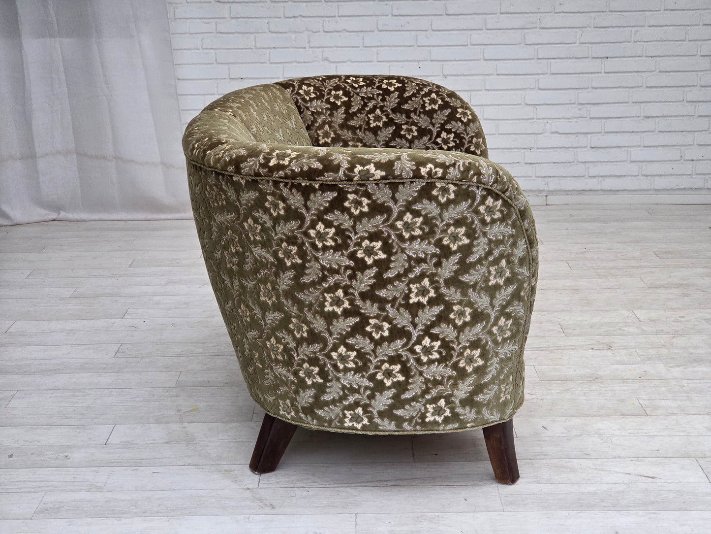 1960s, Danish curved 2-seater sofa, green furniture velour, beech wood.