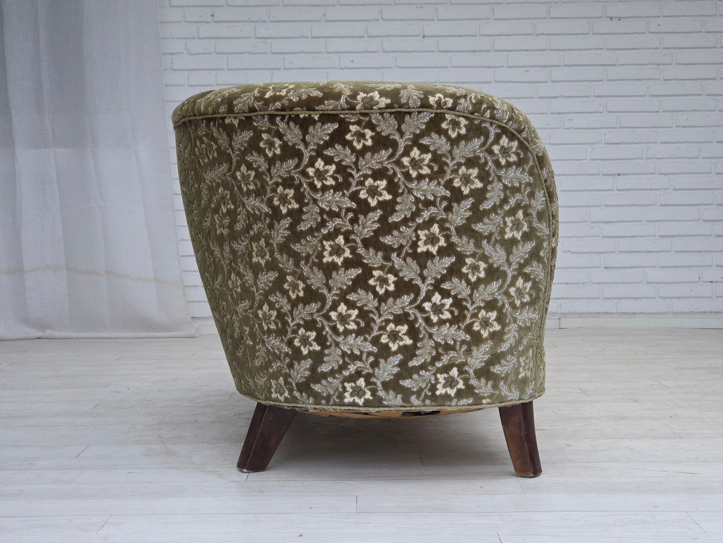 1960s, Danish curved 2-seater sofa, green furniture velour, beech wood.