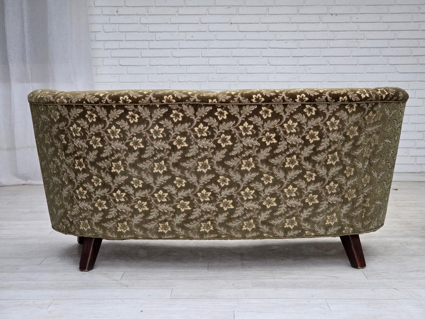 1960s, Danish curved 2-seater sofa, green furniture velour, beech wood.