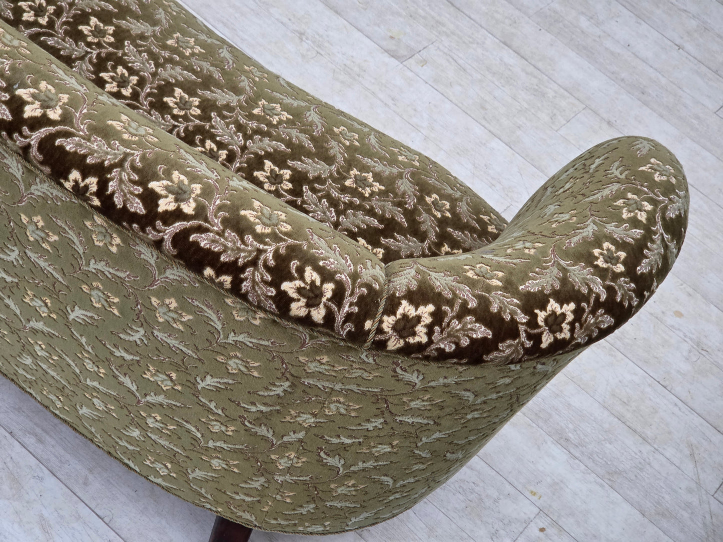 1960s, Danish curved 2-seater sofa, green furniture velour, beech wood.