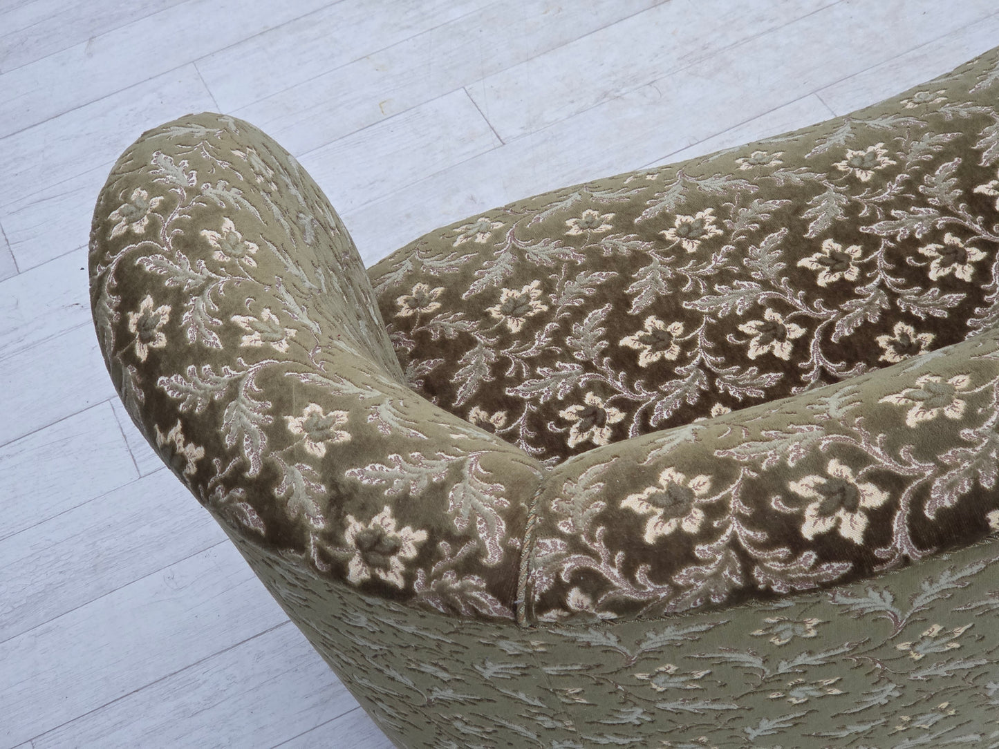 1960s, Danish curved 2-seater sofa, green furniture velour, beech wood.