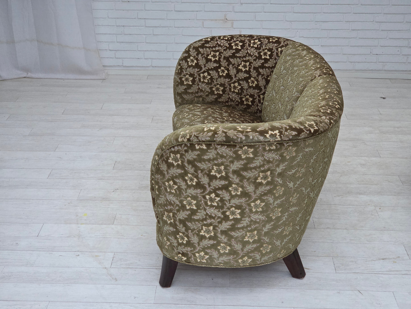 1960s, Danish curved 2-seater sofa, green furniture velour, beech wood.