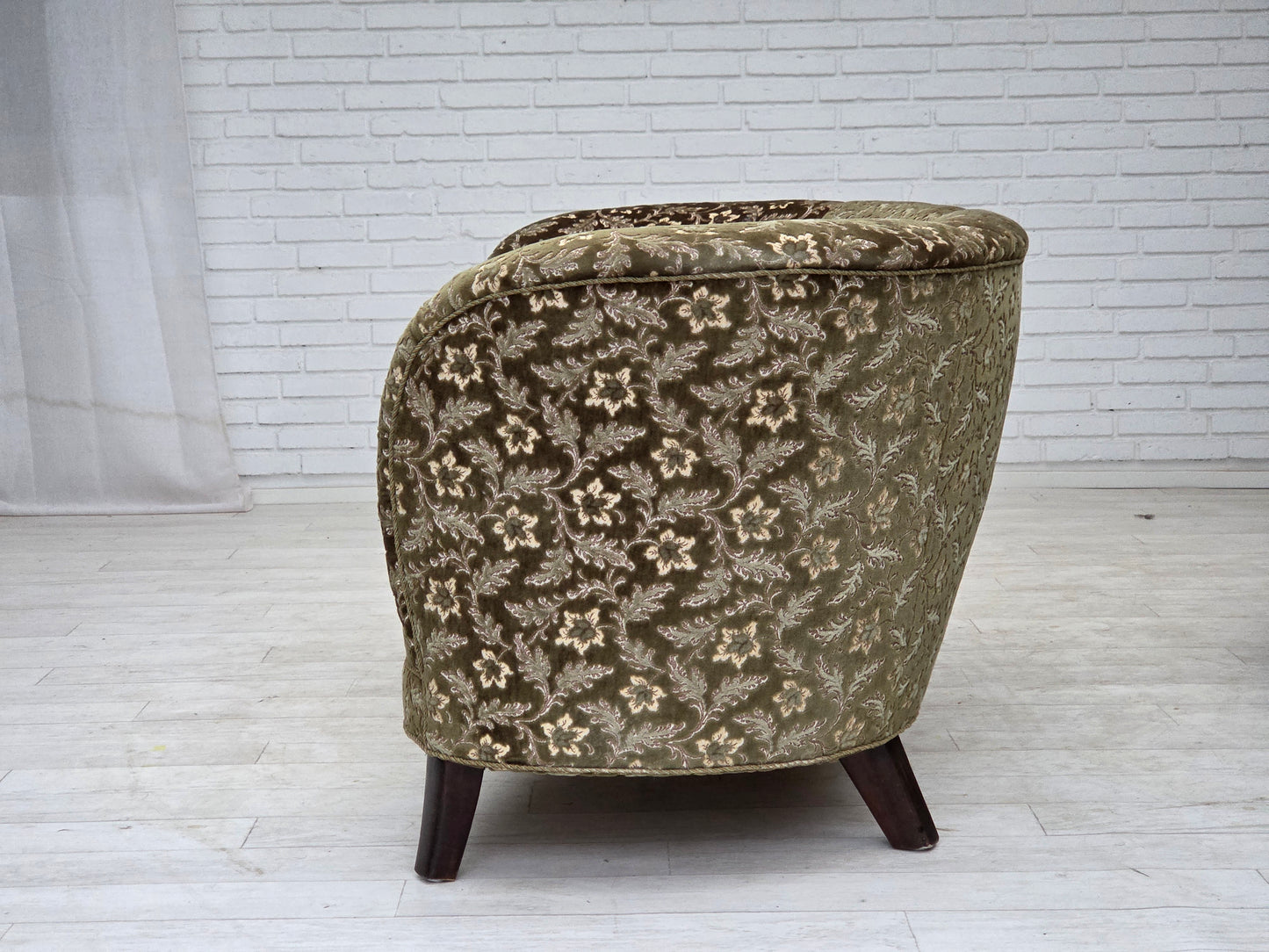 1960s, Danish curved 2-seater sofa, green furniture velour, beech wood.