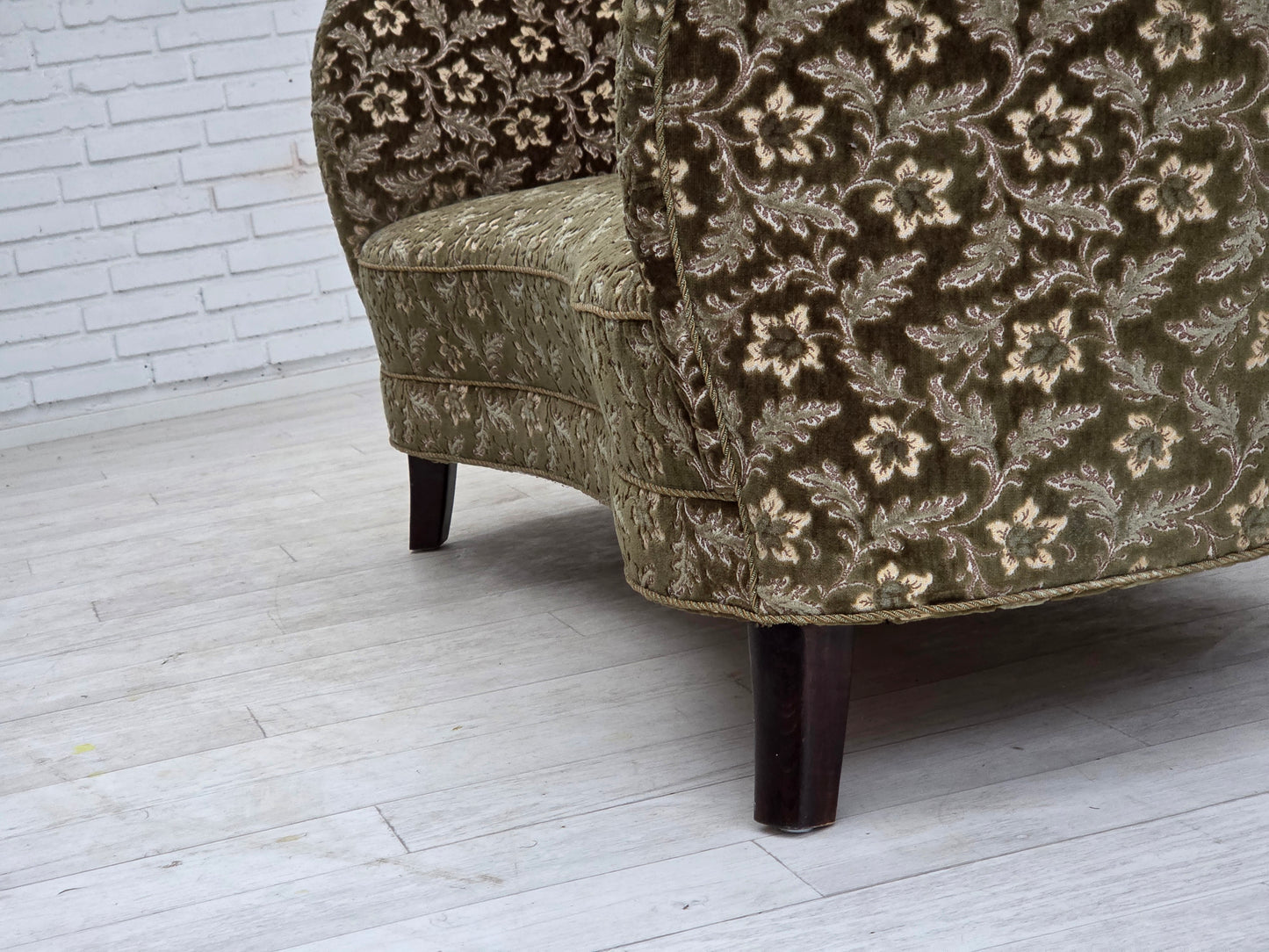 1960s, Danish curved 2-seater sofa, green furniture velour, beech wood.