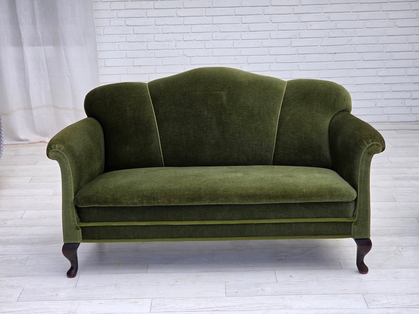 1950s, Danish 2-seater sofa, green furniture velour, ash wood legs.