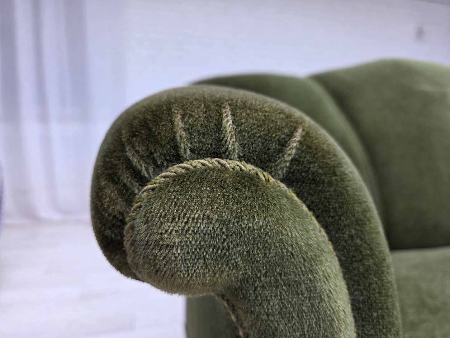 1950s, Danish 2-seater sofa, green furniture velour, ash wood legs.