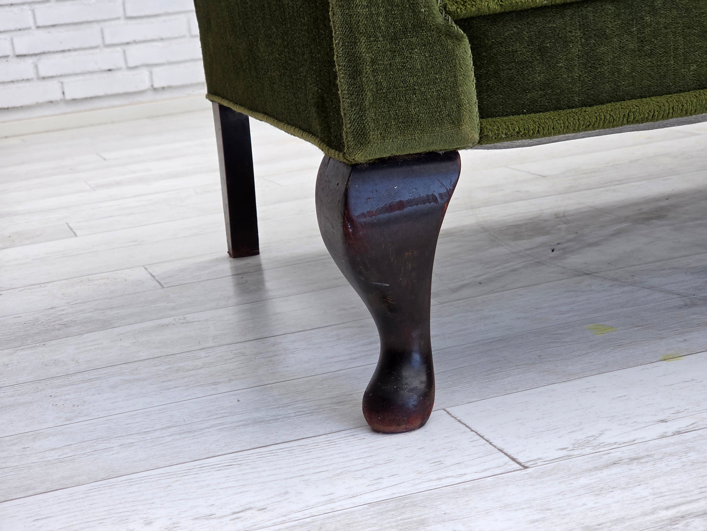 1950s, Danish 2-seater sofa, green furniture velour, ash wood legs.