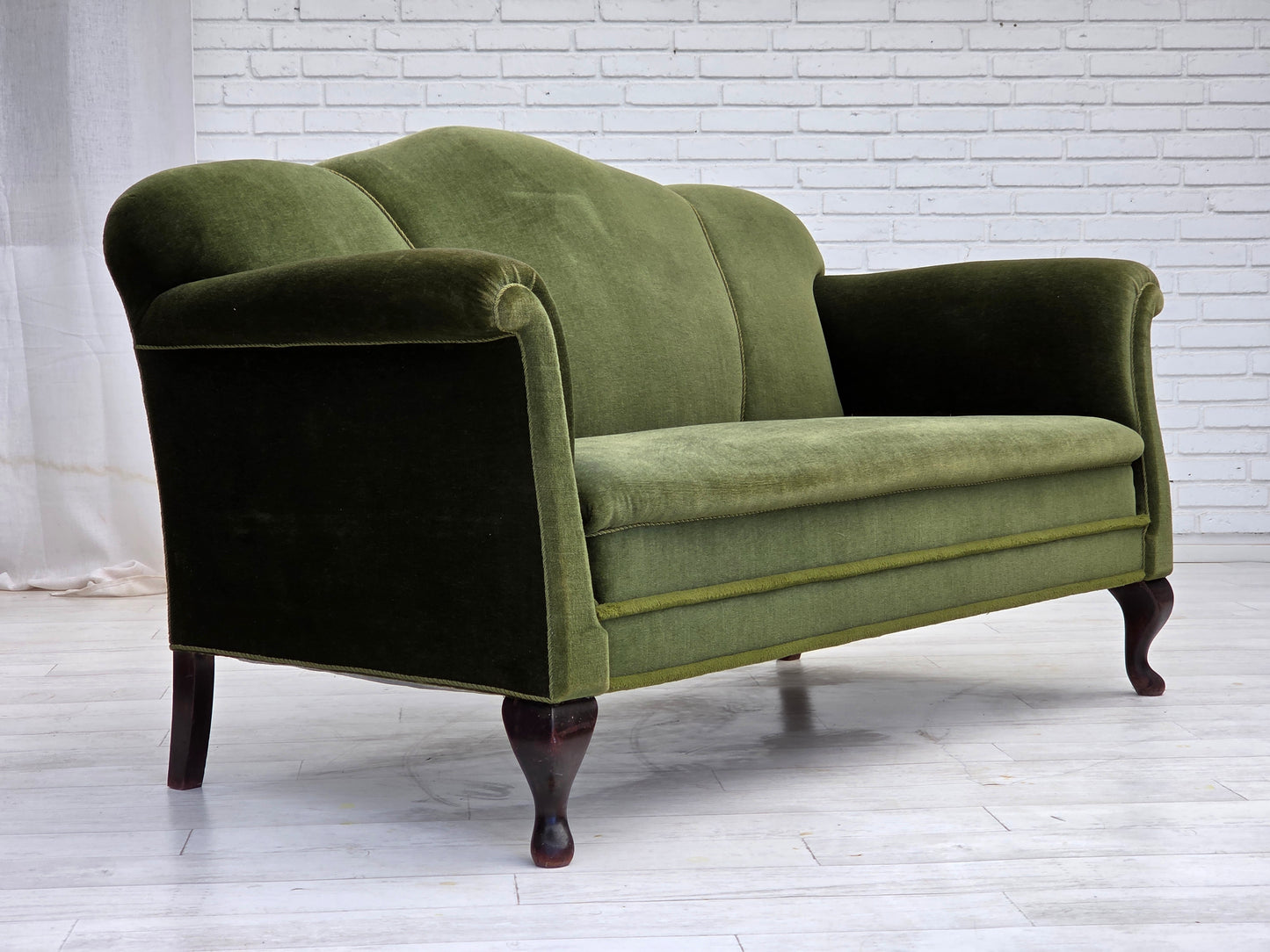 1950s, Danish 2-seater sofa, green furniture velour, ash wood legs.