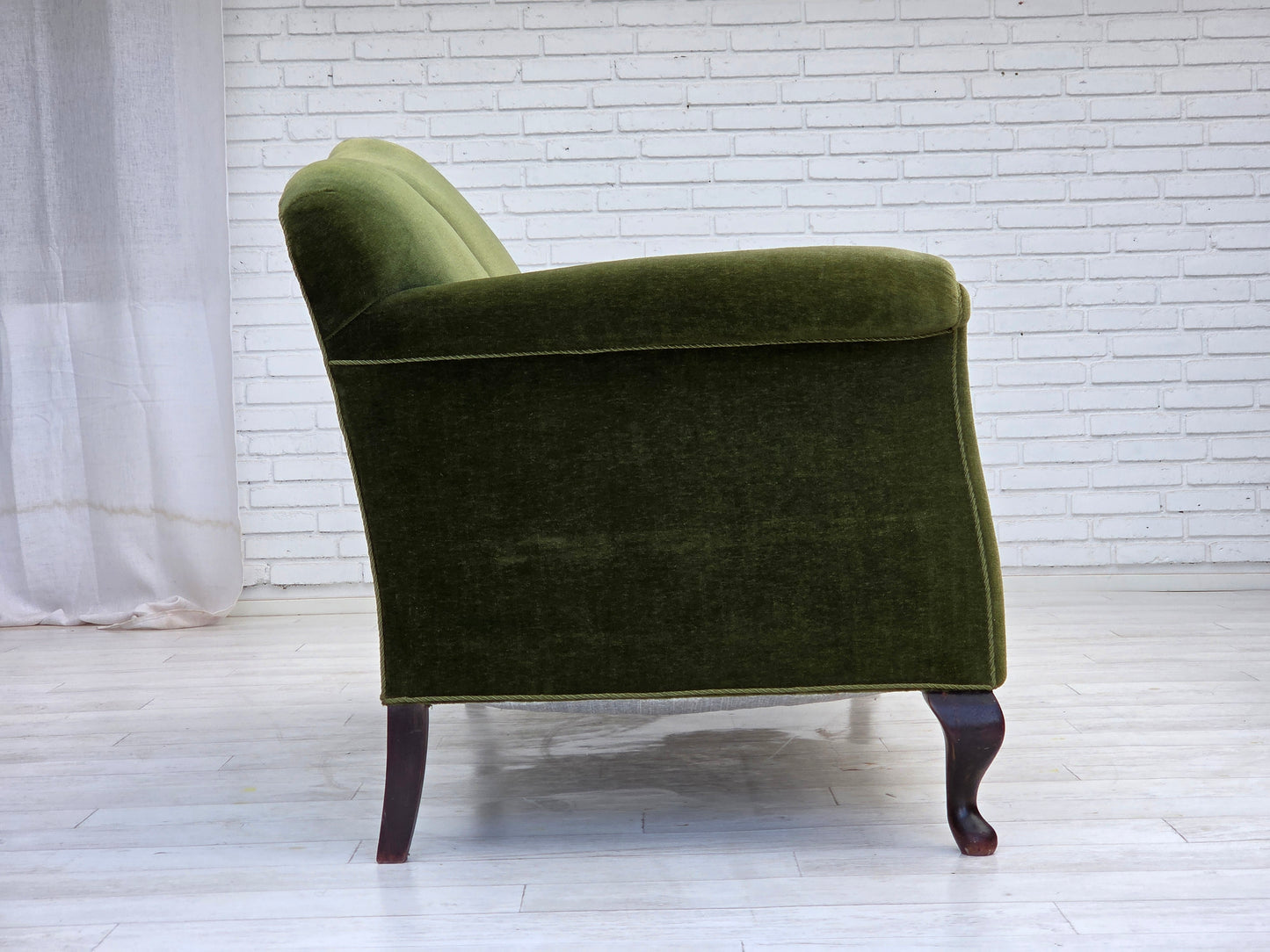 1950s, Danish 2-seater sofa, green furniture velour, ash wood legs.