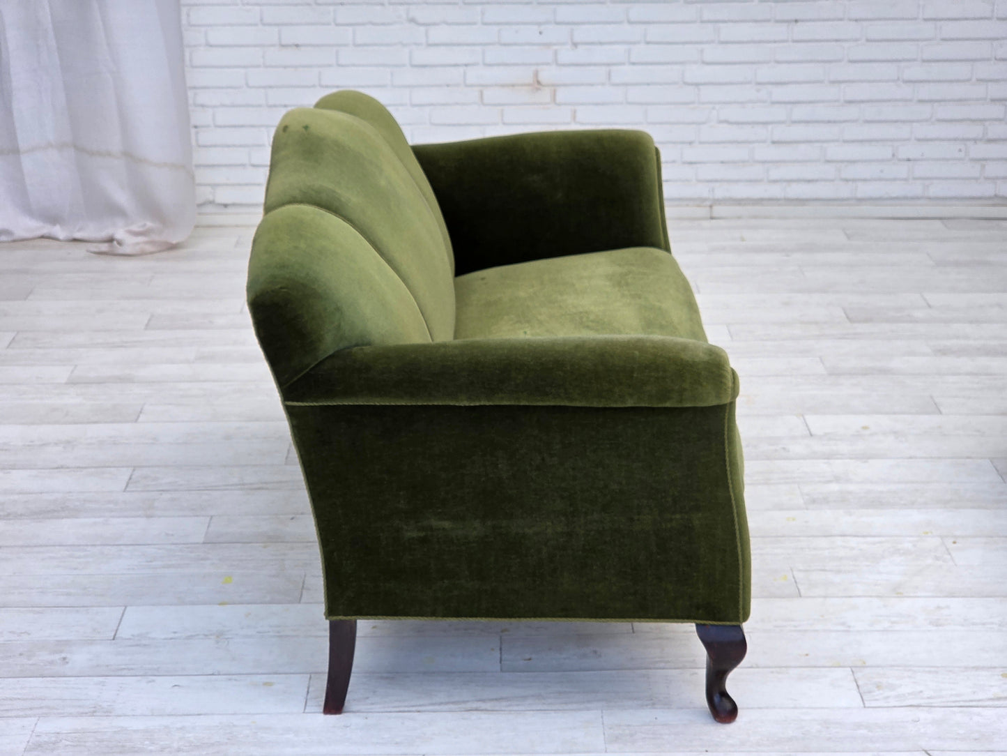 1950s, Danish 2-seater sofa, green furniture velour, ash wood legs.