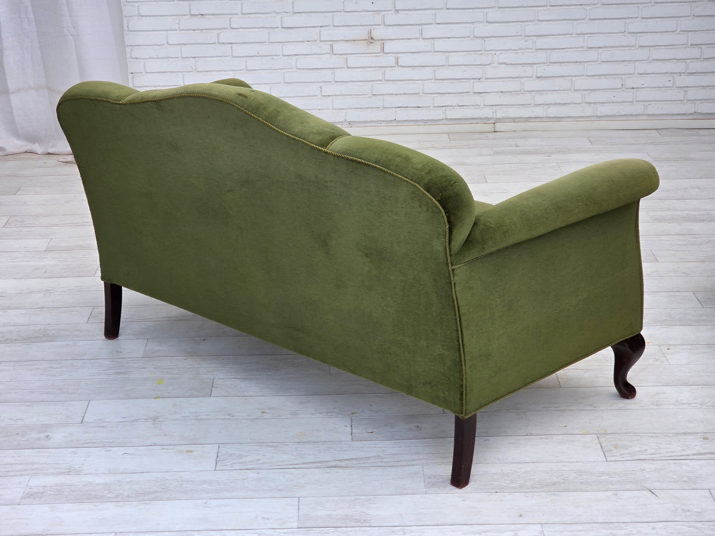 1950s, Danish 2-seater sofa, green furniture velour, ash wood legs.
