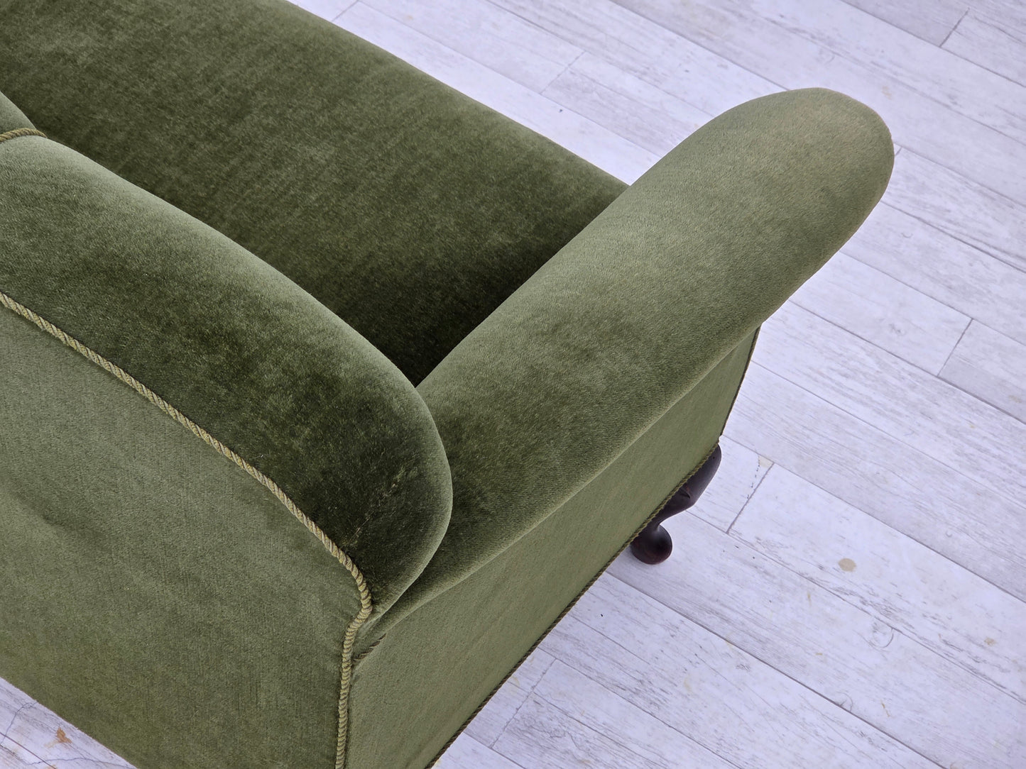 1950s, Danish 2-seater sofa, green furniture velour, ash wood legs.