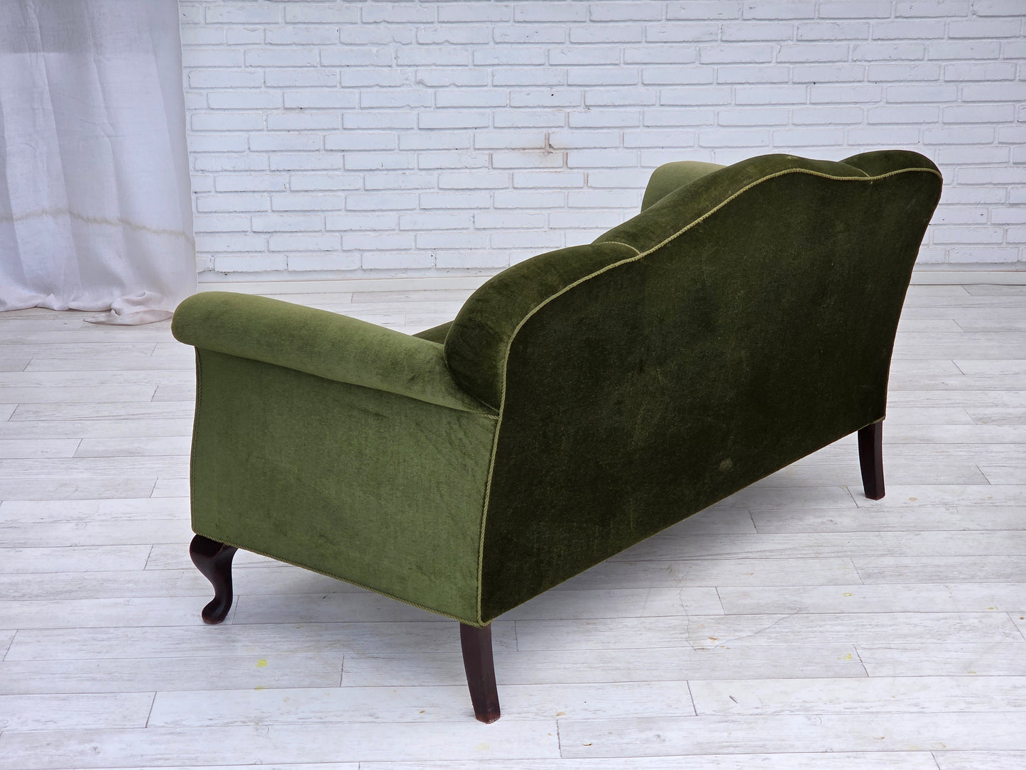 1950s, Danish 2-seater sofa, green furniture velour, ash wood legs.