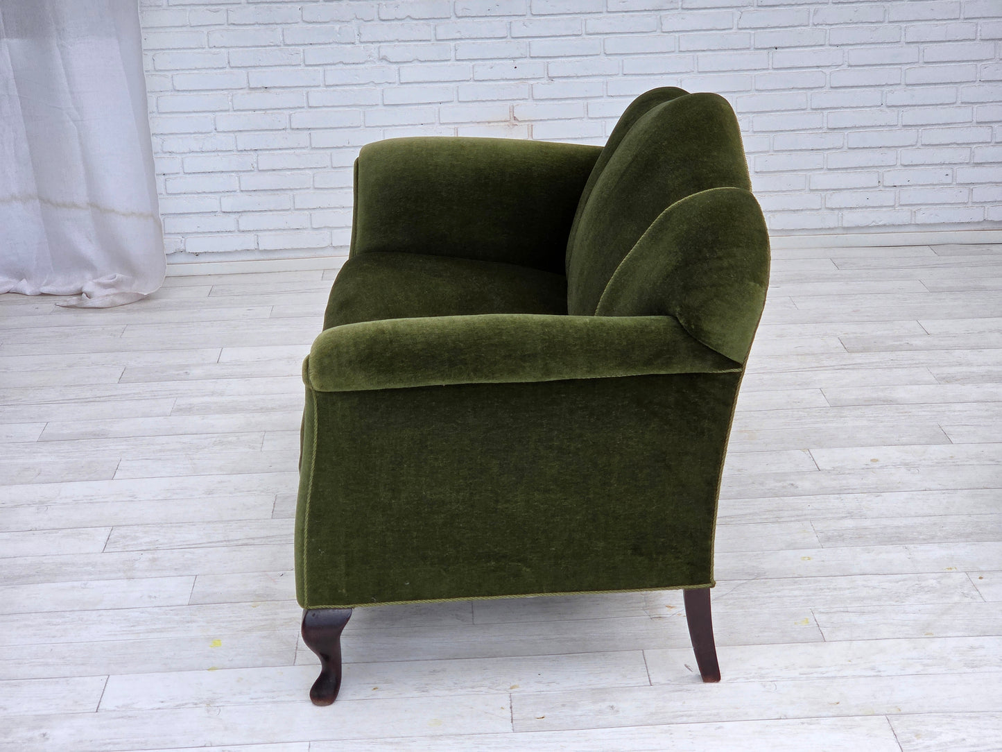1950s, Danish 2-seater sofa, green furniture velour, ash wood legs.