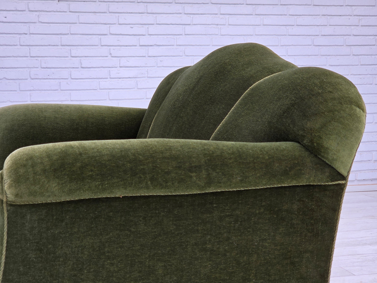 1950s, Danish 2-seater sofa, green furniture velour, ash wood legs.