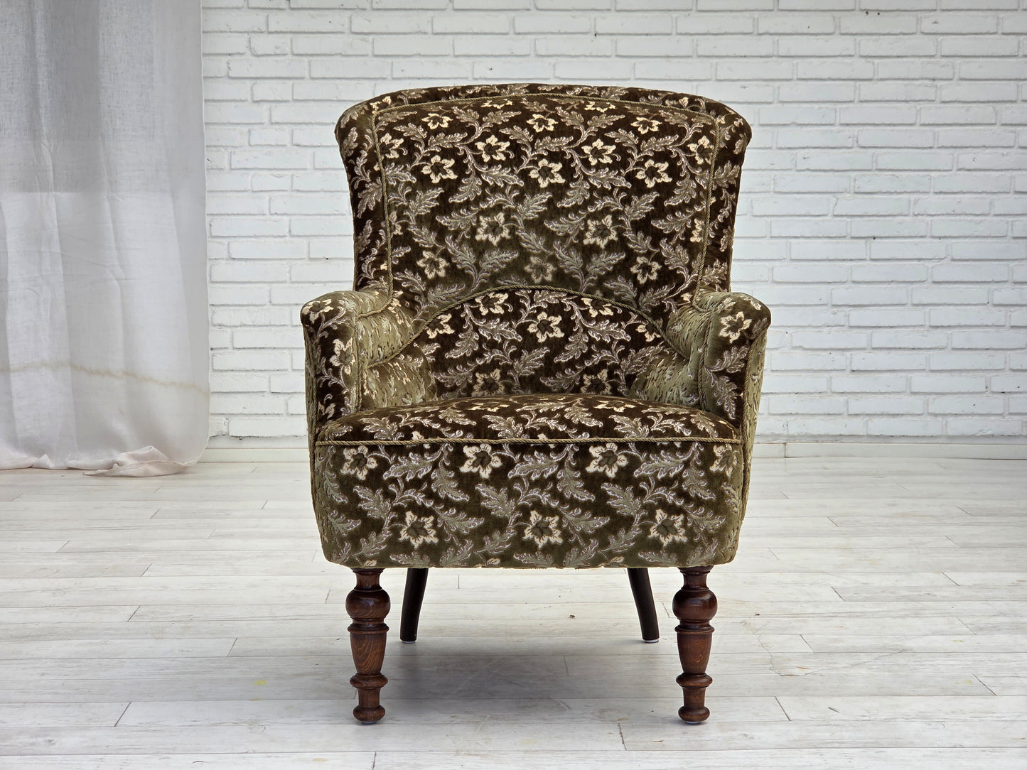 1950s, Danish armchair, green furniture velour, ash wood legs.