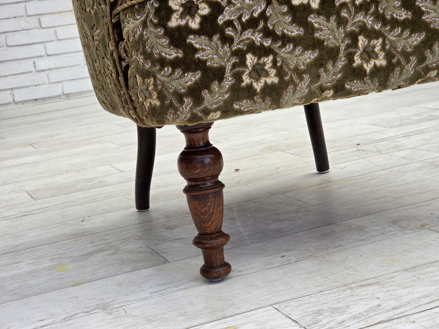 1950s, Danish armchair, green furniture velour, ash wood legs.