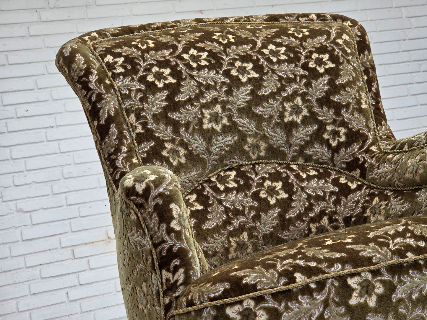 1950s, Danish armchair, green furniture velour, ash wood legs.