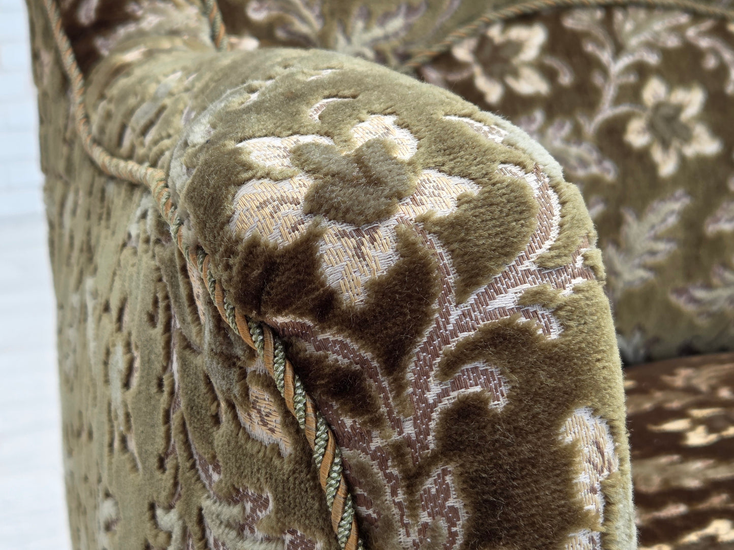 1950s, Danish armchair, green furniture velour, ash wood legs.