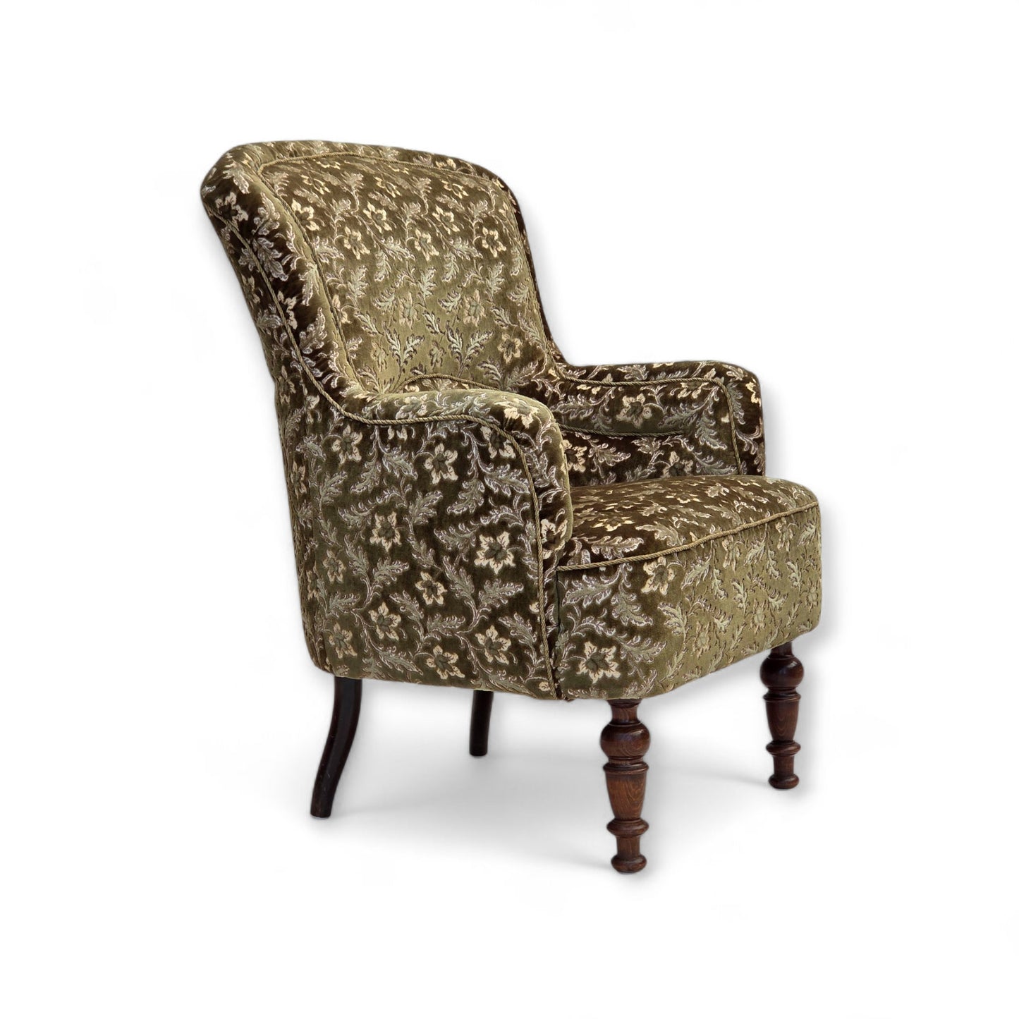 1950s, Danish armchair, green furniture velour, ash wood legs.