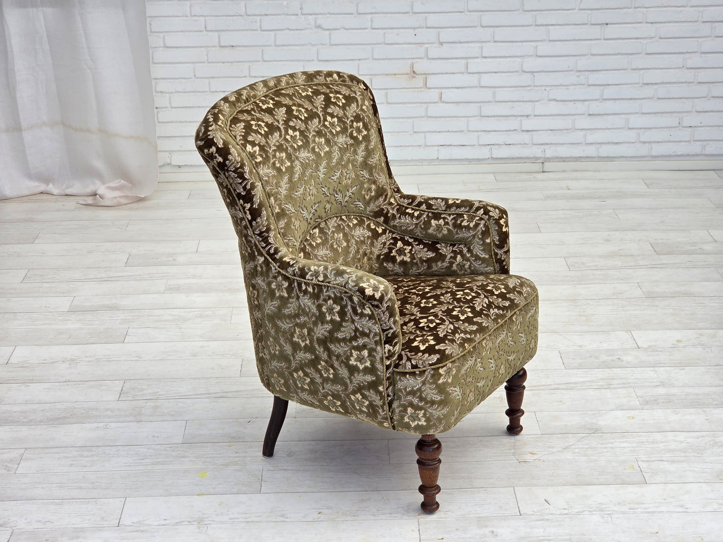 1950s, Danish armchair, green furniture velour, ash wood legs.