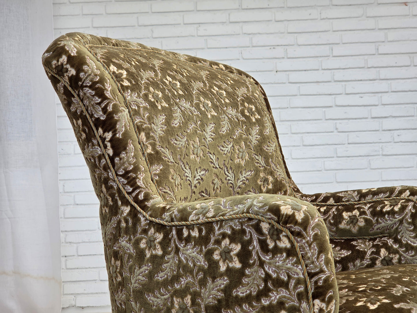 1950s, Danish armchair, green furniture velour, ash wood legs.